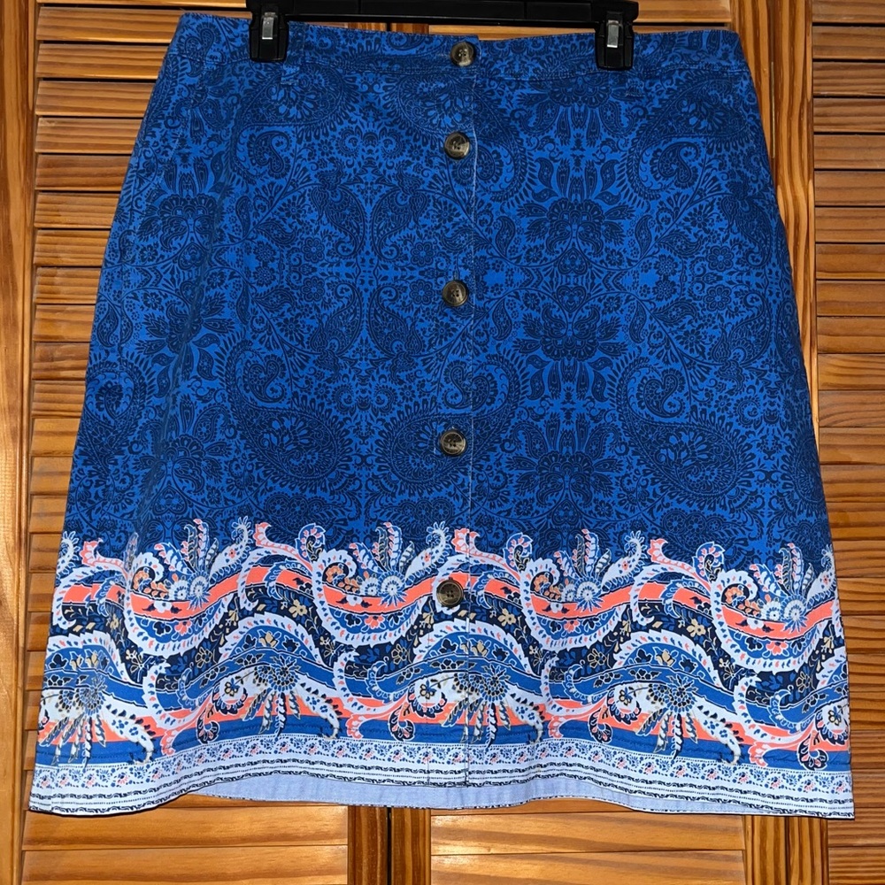 Land’s End Blue Paisley Button Front Skirt With Pockets Size 12